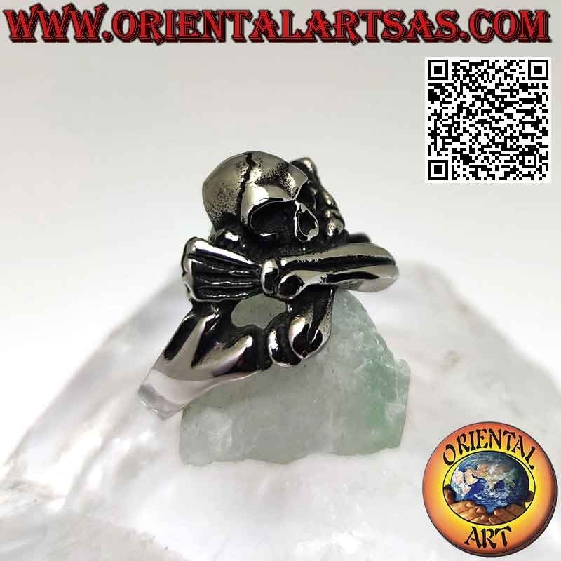 Anello in acciaio chirurgico (316L), teschio con braccia a X