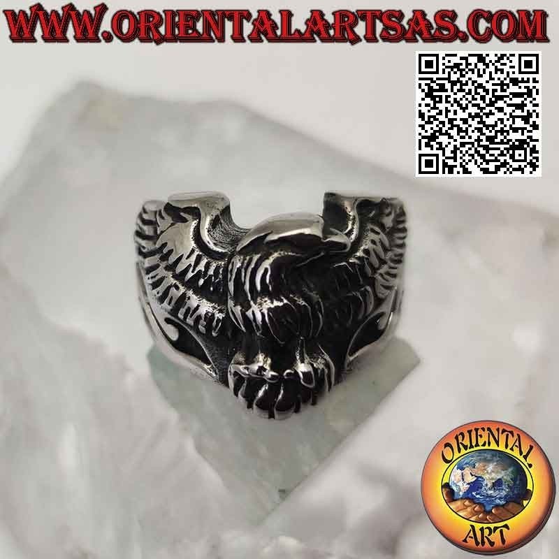 Anello in acciaio chirurgico (316L), con aquila a tre quarti