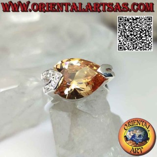 Rhodium silver ring with faceted champagne teardrop zircon with white zircons on a hook