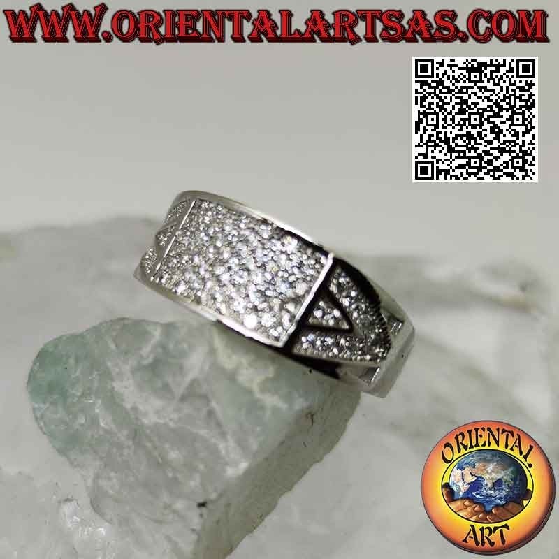 Bague en argent avec bande croissante avec rectangle serti de zircons blancs et motif triangulaire