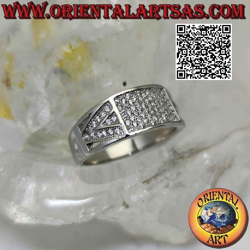 Anillo de plata con banda creciente con rectángulo tachonado de circonitas blancas y motivo triangular
