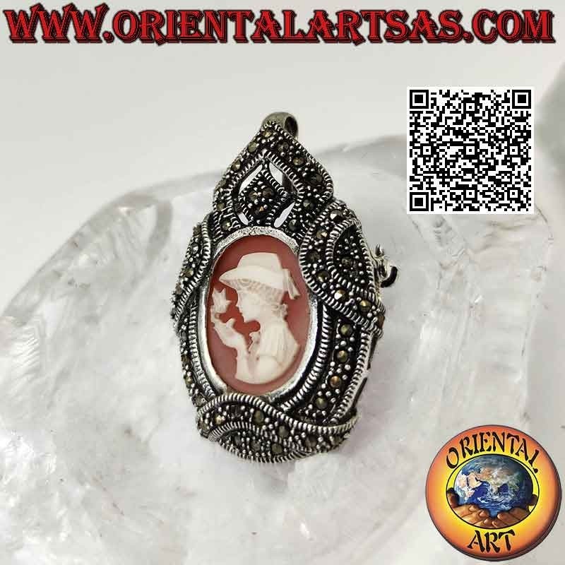 Silver pendant brooch with cameo of a boy with a canary and frame studded with marcasite