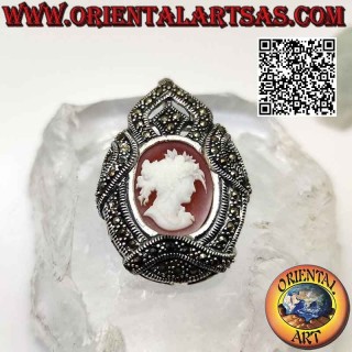 Silver pendant brooch with seductive woman's cameo and frame studded with marcasite