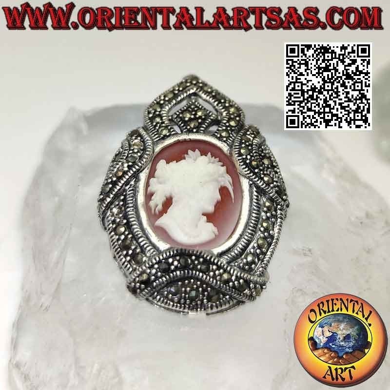 Silver pendant brooch with seductive woman's cameo and frame studded with marcasite