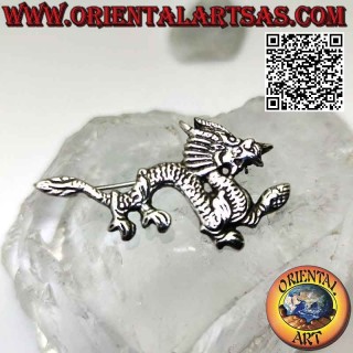 Broche en argent 925 ‰ en forme de dragon népalais oriental avec lignes gravées
