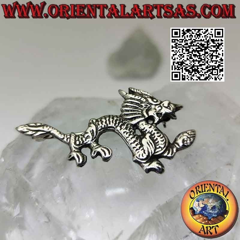 925 ‰ Silberbrosche in Form eines orientalischen nepalesischen Drachens mit gravierten Linien