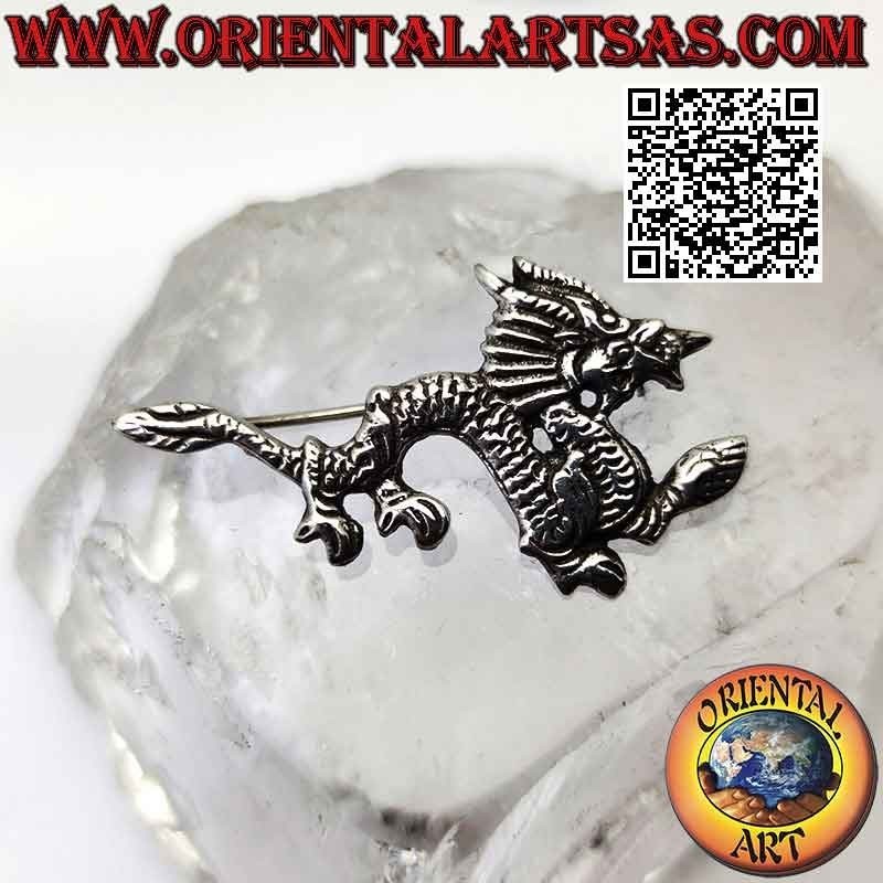 925 ‰ Silberbrosche in Form eines orientalischen nepalesischen Drachens mit gravierten Linien