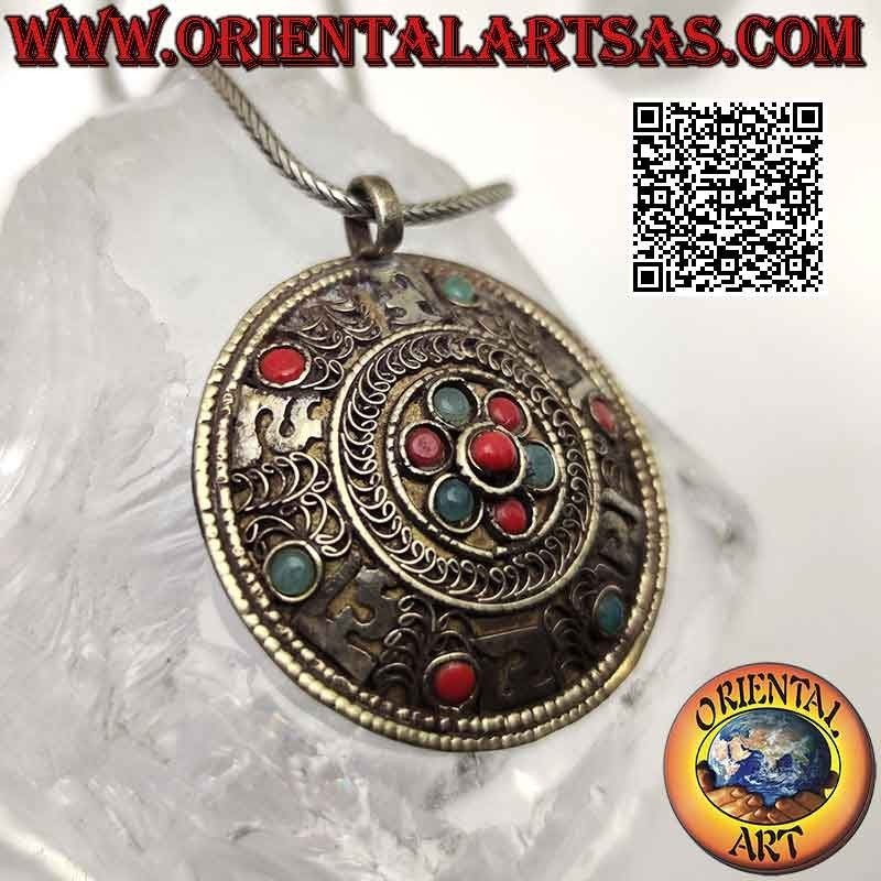 Tibetan medallion pendant with turquoise and ancient corals, symbols and filigree decoration