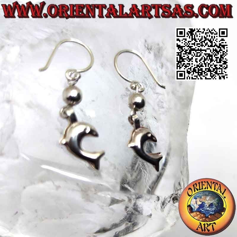 Silver leverback earrings with ball and pendant dolphin