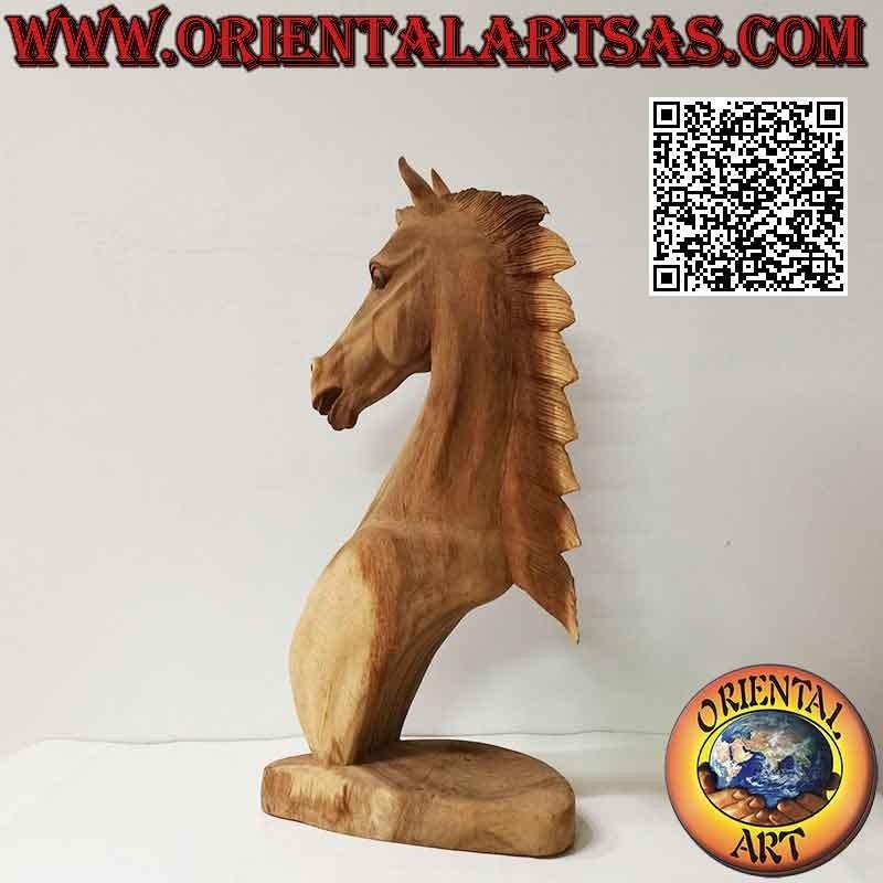Sculpture tête de cheval en bois de suar de 52 cm (sculpté à la main dans un seul bloc) couleur naturelle