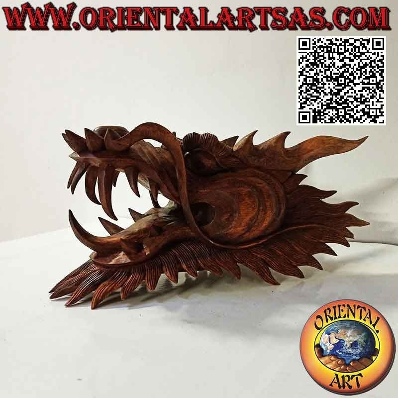 Sculpture tête de dragon en bois de suar 30 cm (sculptée à la main d'un seul bloc dans les moindres détails)