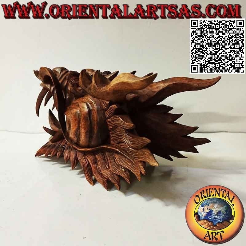 Scultura testa di drago in legno di suar da 30 cm (scolpita a mano da un unico blocconei minimi dettagli)