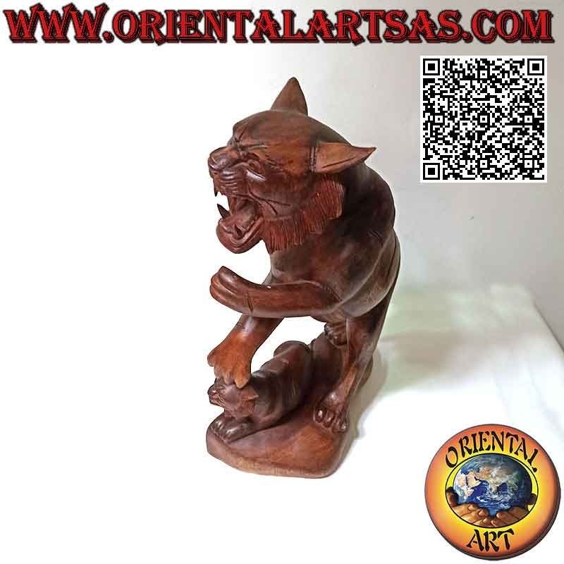 51cm suar wood snarling tiger sculpture with cub (hand carved from a single block) (left)