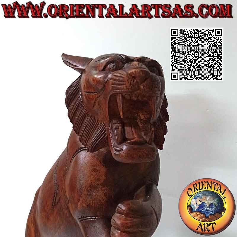 Escultura de tigre gruñendo de madera de suar de 51 cm con cachorro (esculpida a mano a partir de un solo bloque) (izquierda)