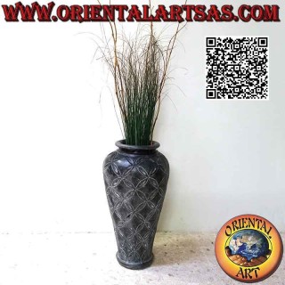 Vaso grande in terracotta colorata blu e decorazione floreale traforata, fatto a mano (70 cm e 40 cm ø)