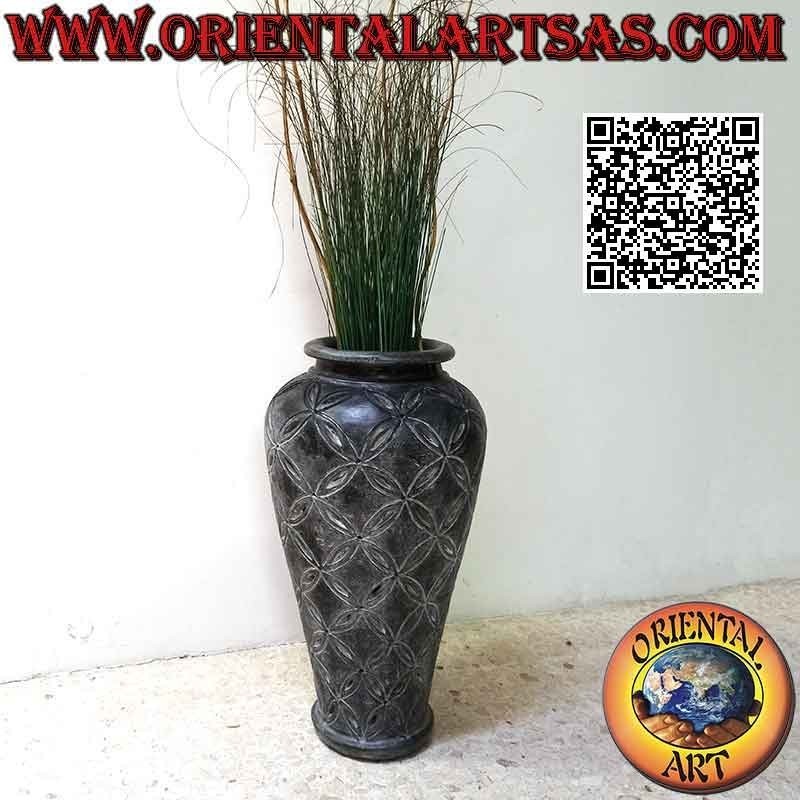 Vaso grande in terracotta colorata blu e decorazione floreale traforata, fatto a mano (70 cm e 40 cm ø)