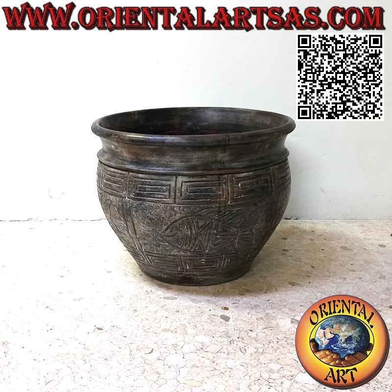 Macetero con decoración y peces en relieve en terracota, hecho a mano (38 cm y 50 cm ø)
