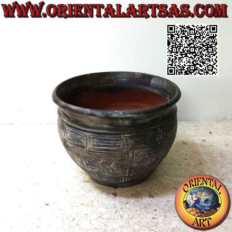 Macetero con decoración y peces en relieve en terracota, hecho a mano (38 cm y 50 cm ø)
