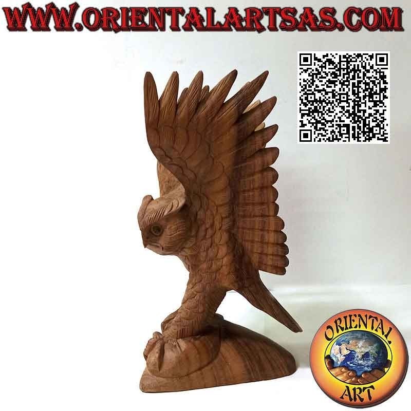 Escultura de búho con alas extendidas en madera de suar de 30 cm (tallada a mano a partir de un solo bloque) (natural)