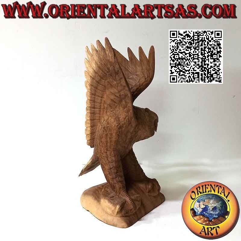 Sculpture de chouette aux ailes déployées en bois de suar de 30cm (sculpté à la main dans un seul bloc) (naturel)
