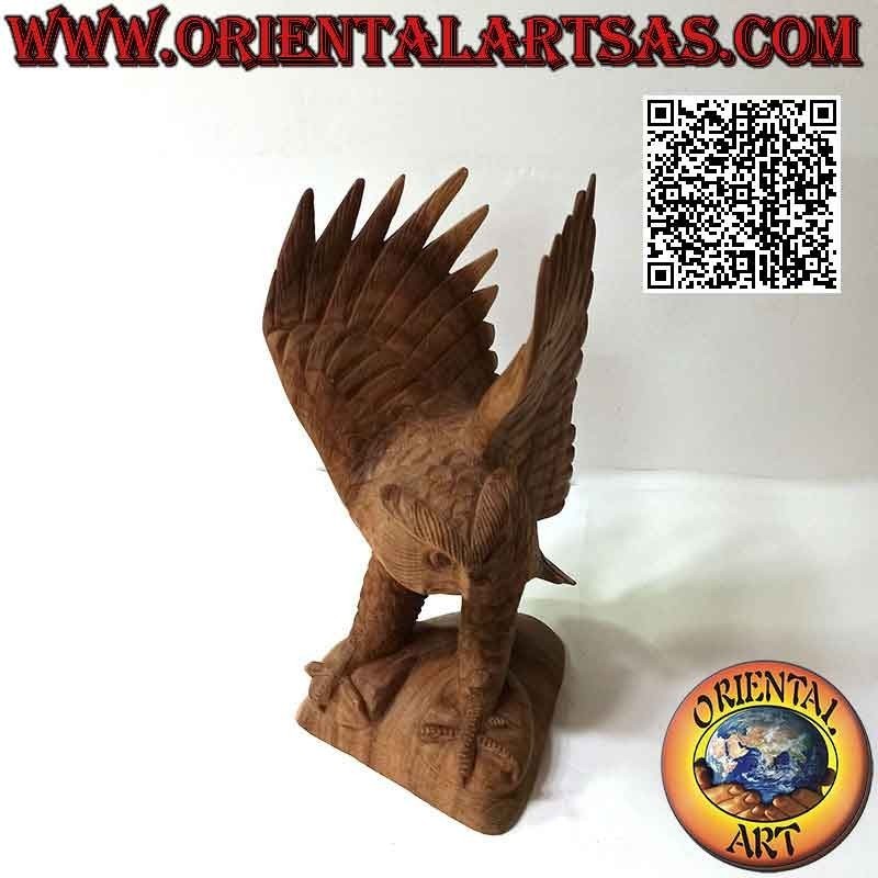 Escultura de búho con alas extendidas en madera de suar de 30 cm (tallada a mano a partir de un solo bloque) (natural)