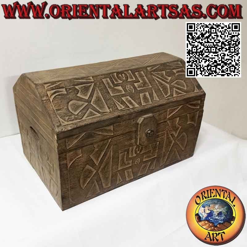 Cassapanca con aborigeni a bassorilievo e coperchio squadrato in legno di balsa da 45 cm
