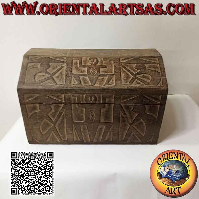 Cassapanca con aborigeni a bassorilievo e coperchio squadrato in legno di balsa da 45 cm
