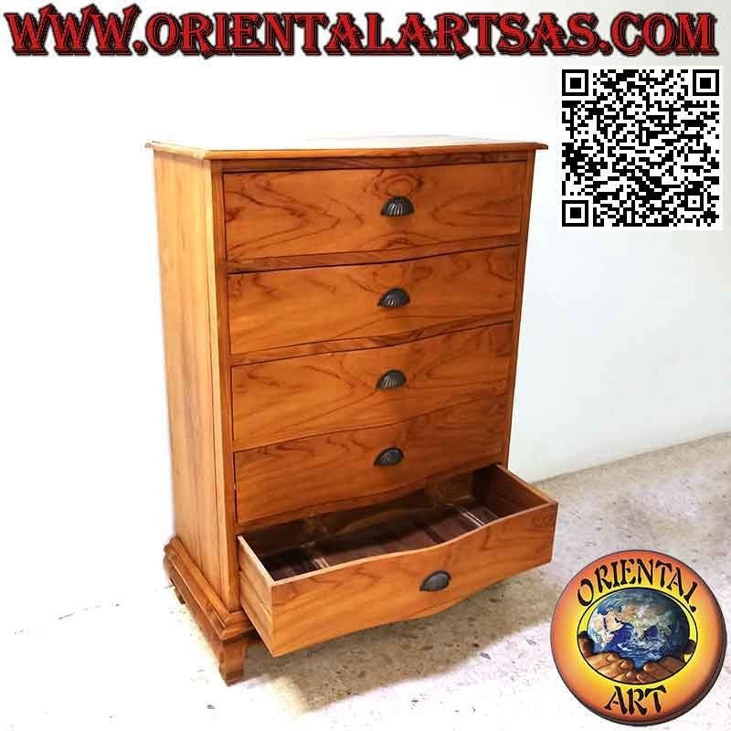 Comò cassettiera bombata a 5 cassetti grandi in legno di teak (128 x 90 cm)