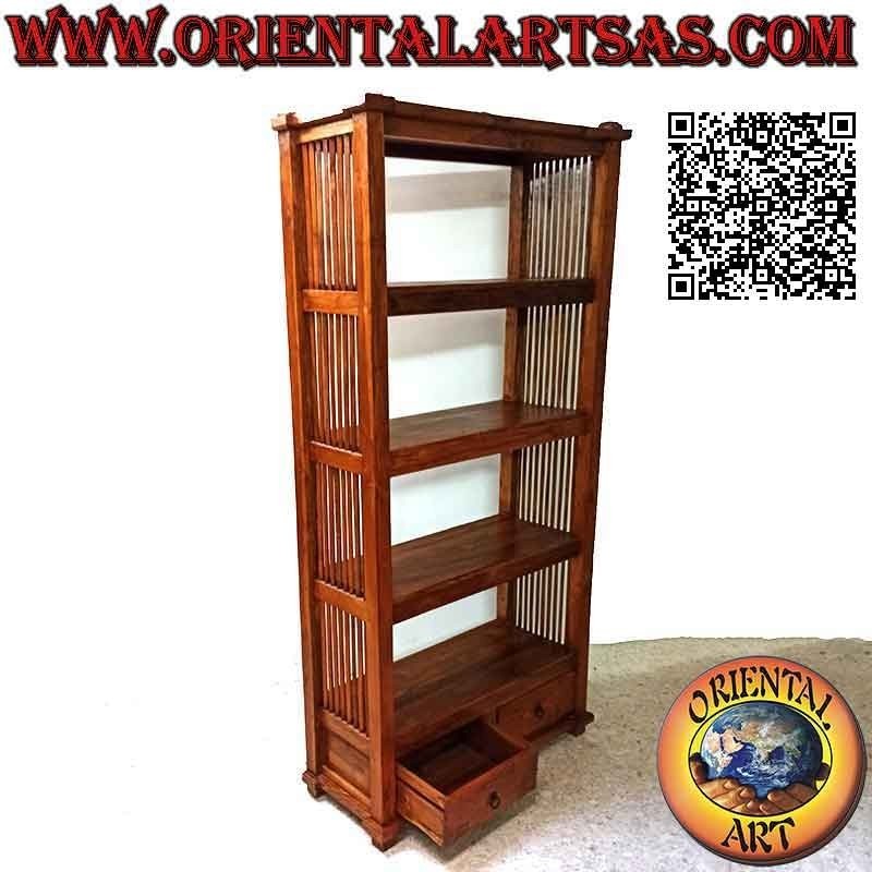 Librería de cuatro estantes y dos cajones con columnas laterales en madera de teca (190x90x36)