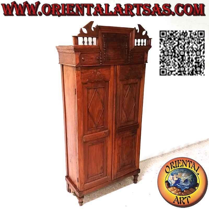 Pantry cabinet with 2 doors and 4 shelves with decorative columns in antique teak wood