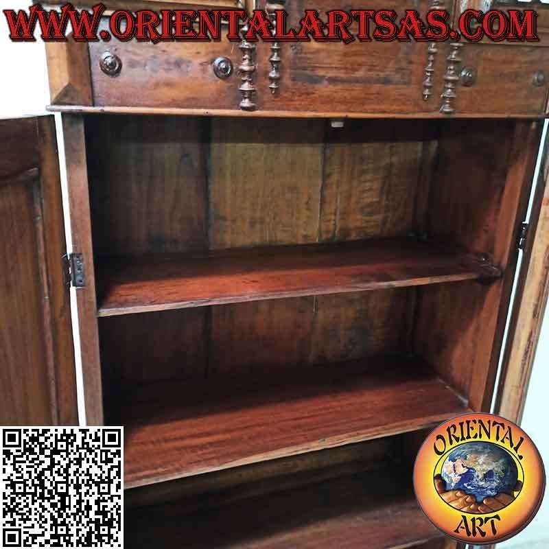 Pantry cabinet with 2 doors and 4 shelves with decorative columns in antique teak wood