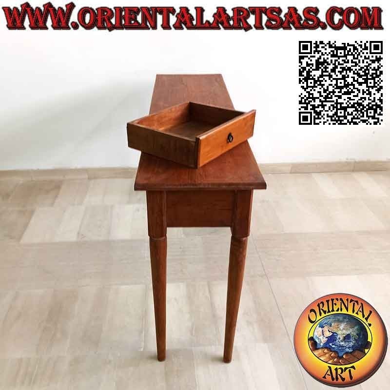 Console table with three drawers with round spiked legs in teak wood