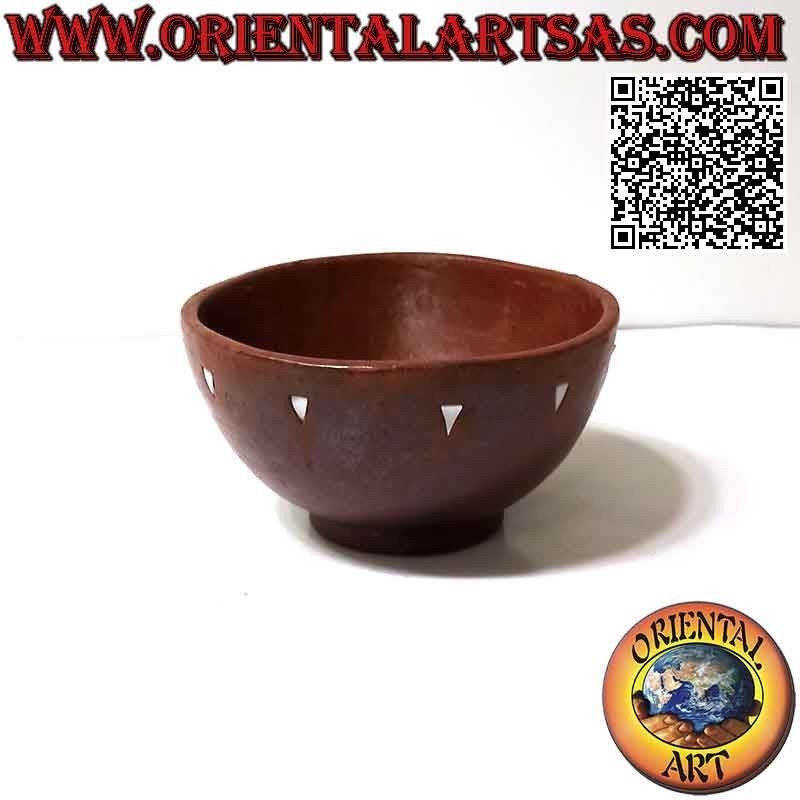 Traditional Lombok terracotta round bowl with white triangles, handmade
