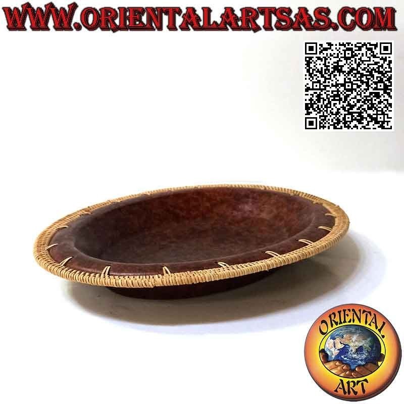 Pocket emptier traditional Lombok oval terracotta tray with wicker border, handmade