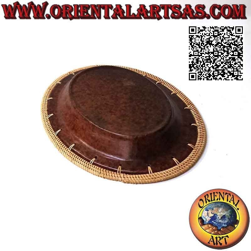 Pocket emptier traditional Lombok oval terracotta tray with wicker border, handmade