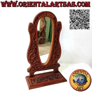Miroir à poser aux décors floraux et lézards en relief en bois de teck (fait main)