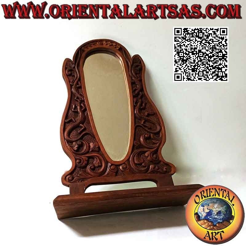 Espejo de sobremesa con adornos florales y lagartijas en relieve en madera de teca (hecho a mano)