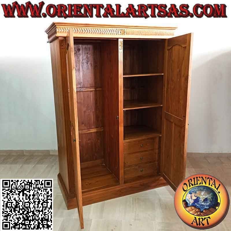 Armario grande con decoración floral de 2 puertas, 6 estantes y 3 cajones en madera de teca