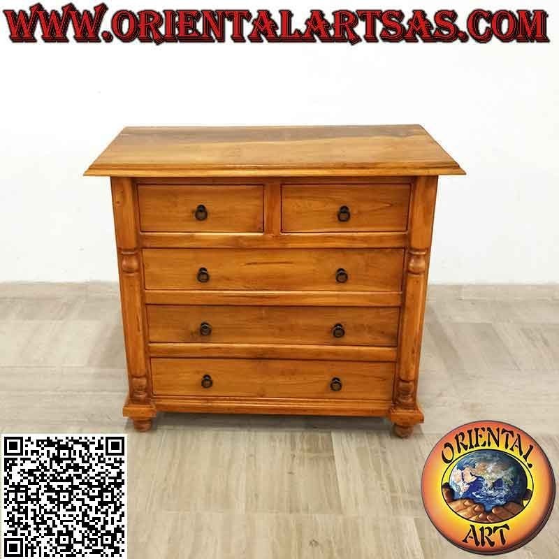 Cajonera con columnas decorativas (cuatro cajones grandes y dos cajones) en madera de teca