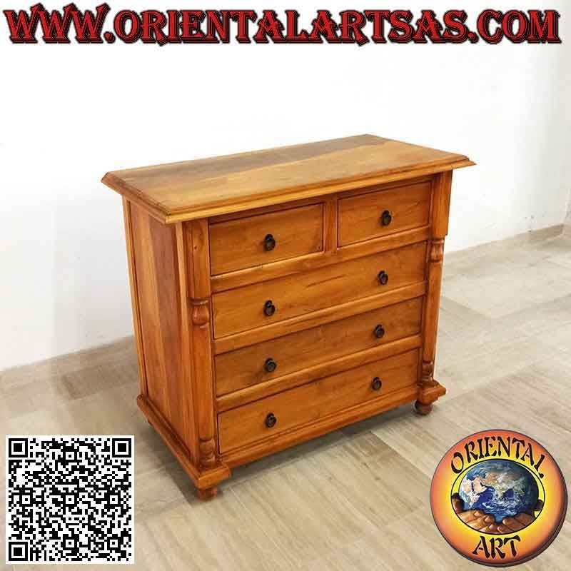 Chest of drawers with decorative columns (four large drawers and two drawers) in teak wood