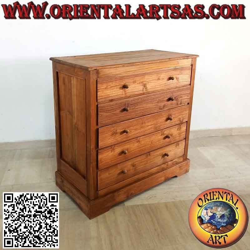 Commode linéaire rectangulaire à cinq tiroirs en bois de teck