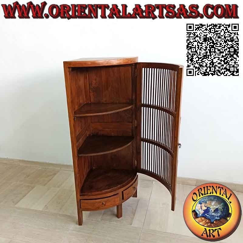 Armoire d'angle cake slice à une porte avec trois étagères et deux tiroirs en bois de teck