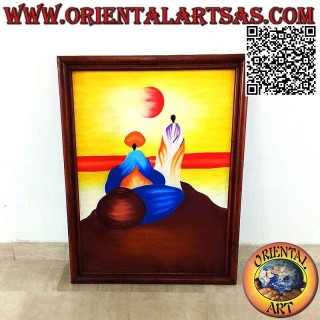 Cuadro pintado a mano sobre madera estilo Sahara, "Meditación en las dunas del desierto"