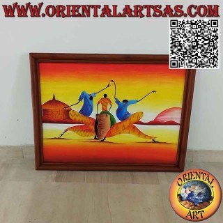 Cuadro pintado a mano sobre madera estilo Sahara, "Músicos y Bailarines" (b)