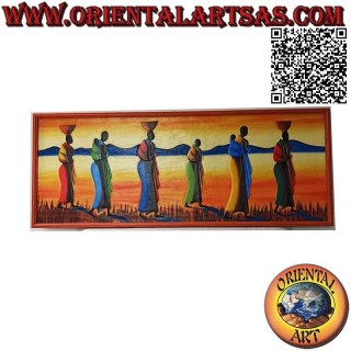 Cuadro pintado a mano sobre madera estilo Sahara, "Mujeres y madres caminantes en las dunas"