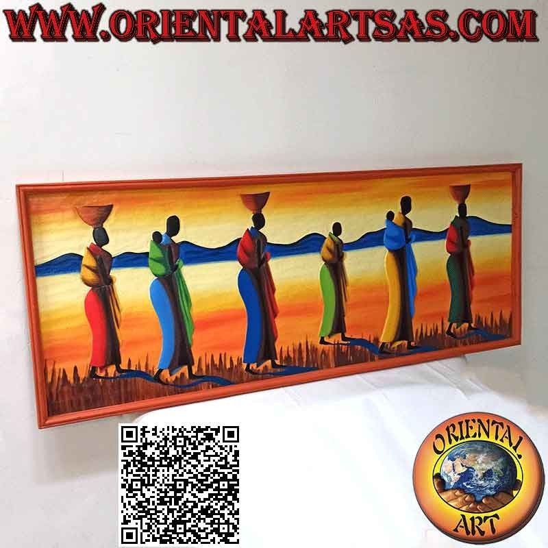 Quadro dipinto a mano su legno in stile Sahara, "Donne e madri viandanti tra le dune"