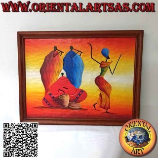 Quadro dipinto a mano su legno in stile Sahara, "Gruppo musicale con ballerina"