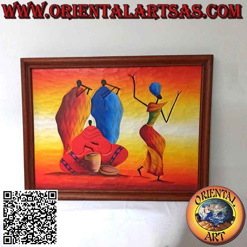 Cuadro pintado a mano sobre madera estilo Sahara, "Grupo musical con bailarina"
