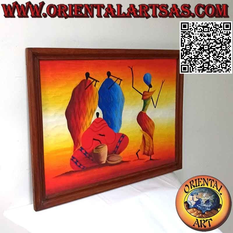 Tableau peint à la main sur bois dans le style saharien, "Groupe musical avec danseuse"