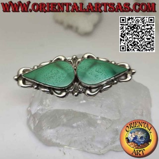 Broche en argent 925‰ avec gouttes de malachite miroir sur une monture à décor baroque